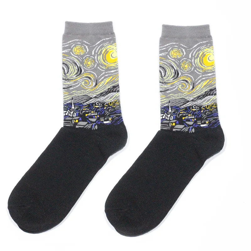 1 Pair Autumn Winter Retro Men Socks Couple Socks New Art Van Gogh Mural World Famous Oil Painting Series Funny Socks