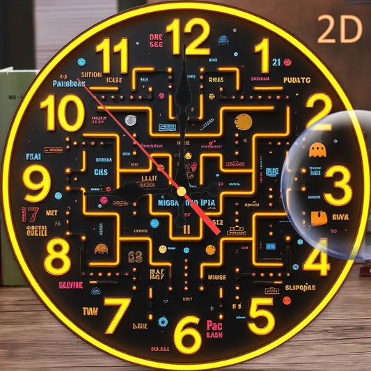 1 wall-mounted clock, 2D flat 10-inch Retro game theme round wooden wall-mounted clock, battery-powered (excluding AA battery), suitable for home, kitchen, swimming pool or bathroom decoration, living room wall-mounted clock,