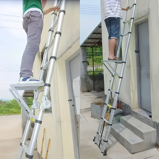 1 Heavy-Duty 400-Pound Load-Bearing Platform with Extendable Work Station System and Tool Tray, Silvery, Suitable for Large Ladders, Non-Slip Design