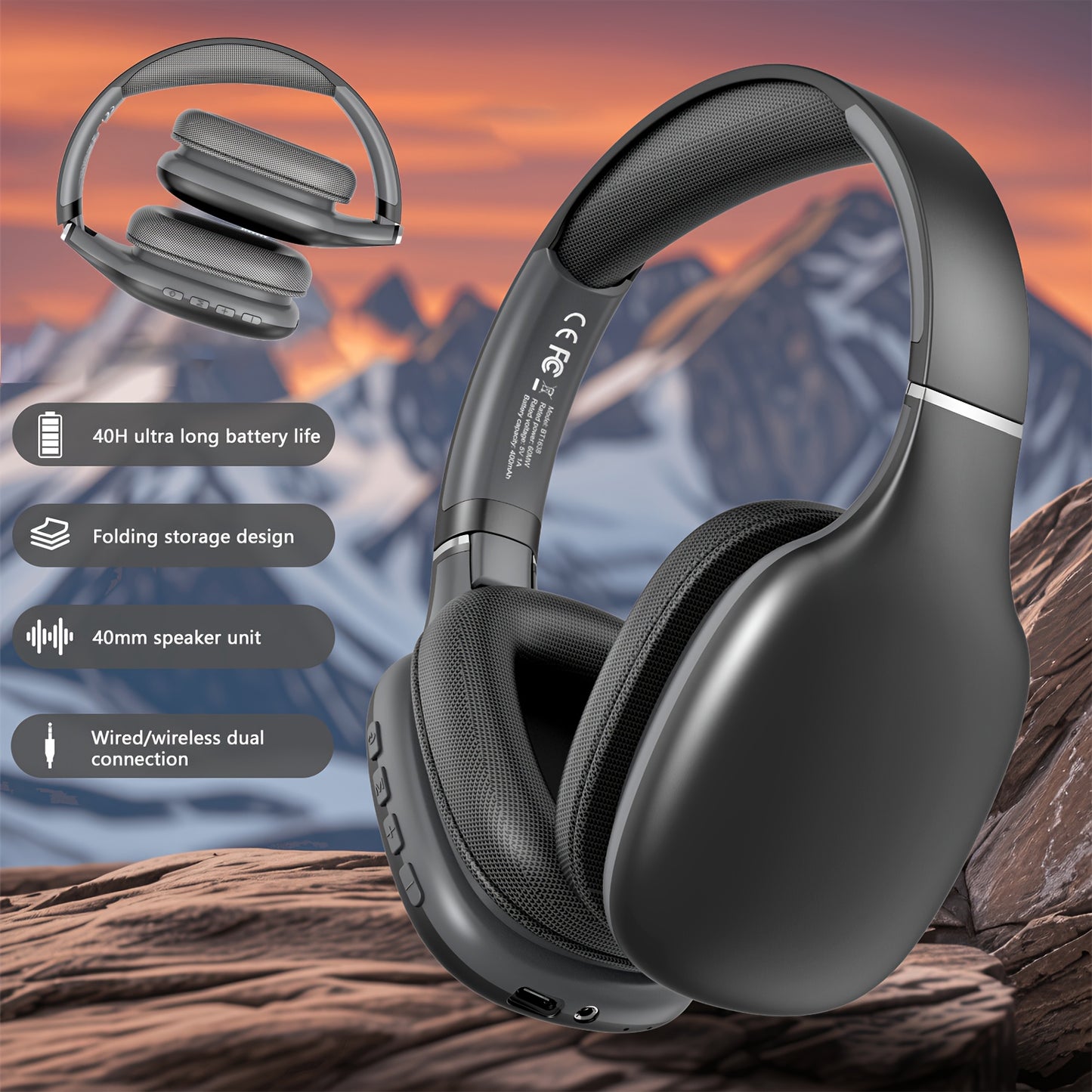 [Wireless Headset] HIRRES BT1638-5.4 Wireless Over-Ear Headset | Ultra-High Sound Quality, Comfortable Padded Design, Foldable, Built-in Mic for Gaming, Travel, Home Office, Gym - Ideal Holiday Gift