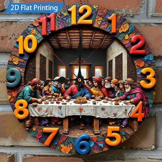 1 Piece Christmas Decoration Wooden Wall Clock, 2D The Last Supper Design - Large Round Silent, Religious, Leonardo da Vinci Inspired The Last Supper Art, Suitable for Home, Church, Office Decoration - Unique Gift for Christi
