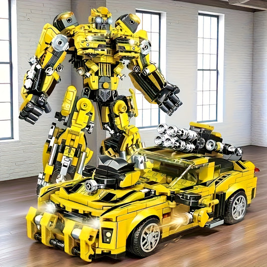 1 Set (2-in-1) Building Blocks Car Model Kit with Transforming Robot/Car - Heavy-Duty ABS Construction, Challenging Building Blocks Set with Moving Parts, Yellow & Black Building System with Clear Display Mode - STEM Learning
