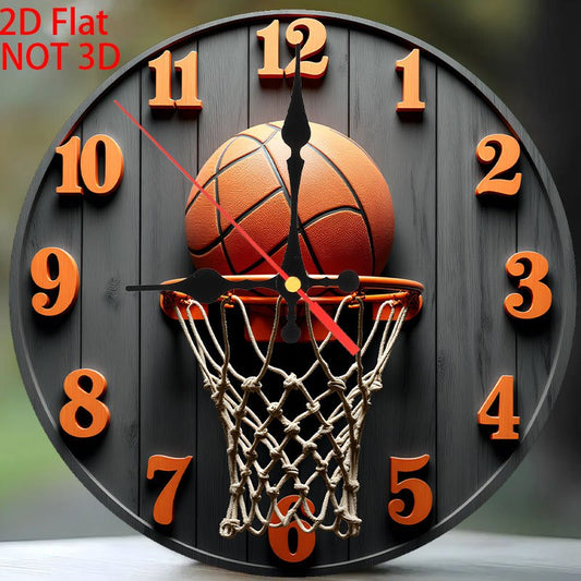 1 wall-mounted clock, 2D flat 10-inch Retro basketball round wooden wall-mounted clock, battery-powered (excluding AA battery), suitable for home, kitchen, swimming pool or bathroom decoration, living room wall-mounted clock,