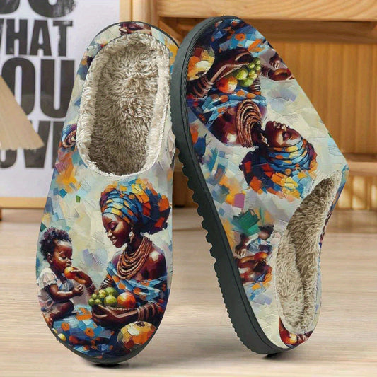 1-Pair Women'S African-Inspired Slip-On Slippers - Soft Fabric Upper & TPR Sole, Warm All-Season Indoor/Outdoor House Shoes with Vibrant African Print (Women, Slippers For Women, Slippers For Women Indoor, Slippers For Women