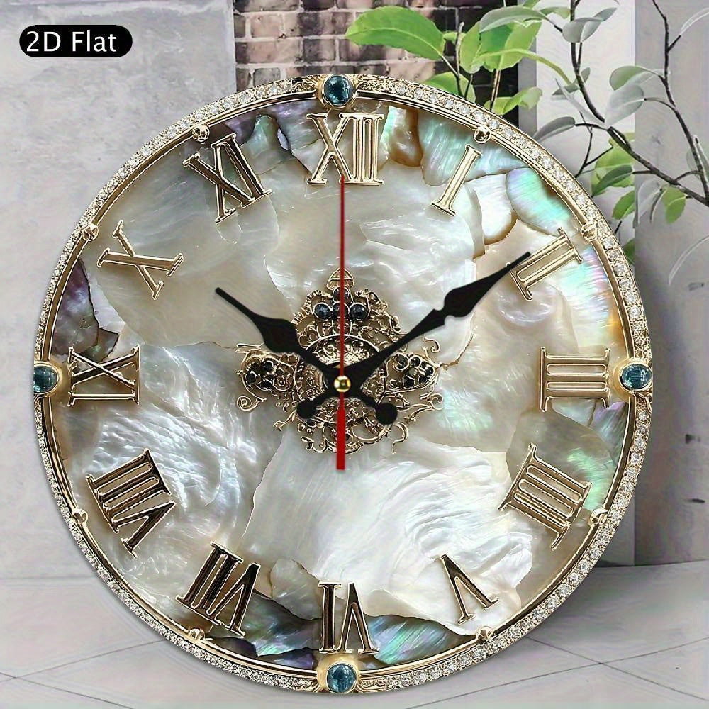 1 luxurious and elegant retro Roman numeral wall clock - 10-inch large round wooden frame, white mother-of-pearl surface, golden hands and black second hand - home and office decorative clock, suitable for living room, bedroo