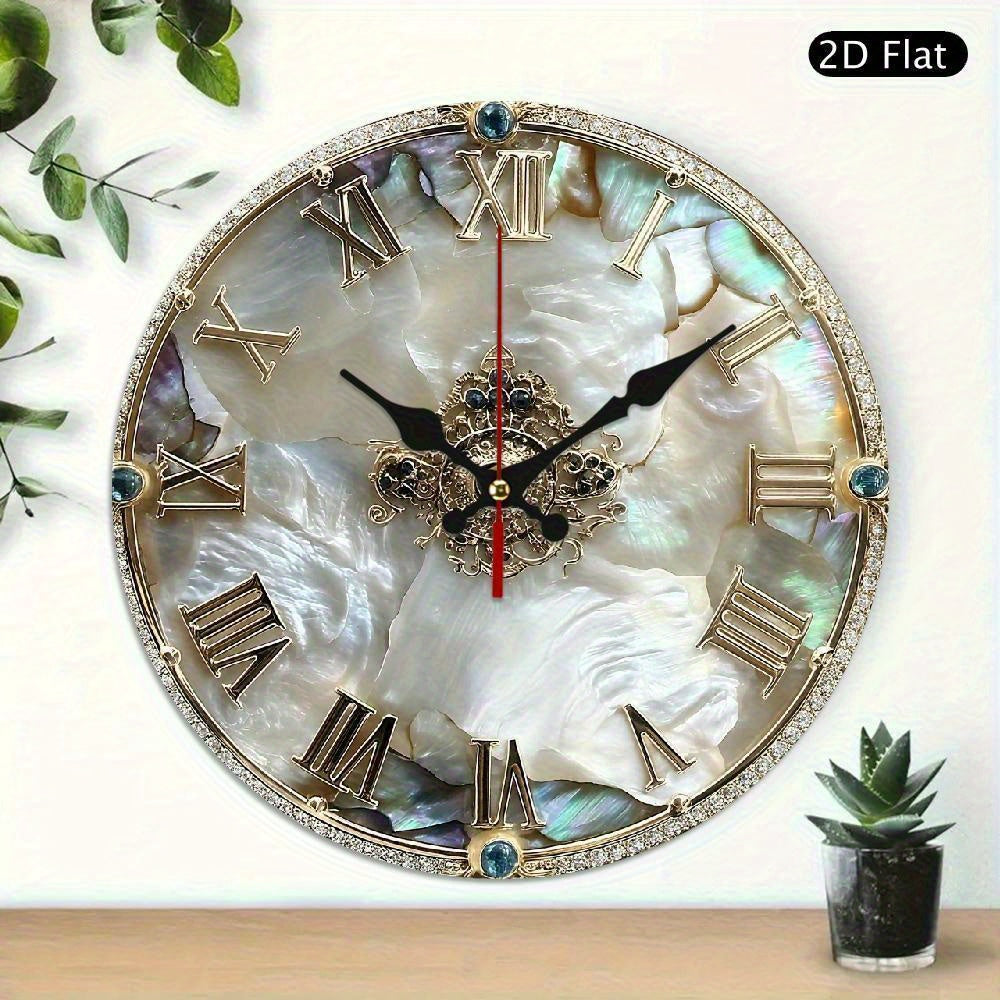 1 luxurious and elegant retro Roman numeral wall clock - 10-inch large round wooden frame, white mother-of-pearl surface, golden hands and black second hand - home and office decorative clock, suitable for living room, bedroo