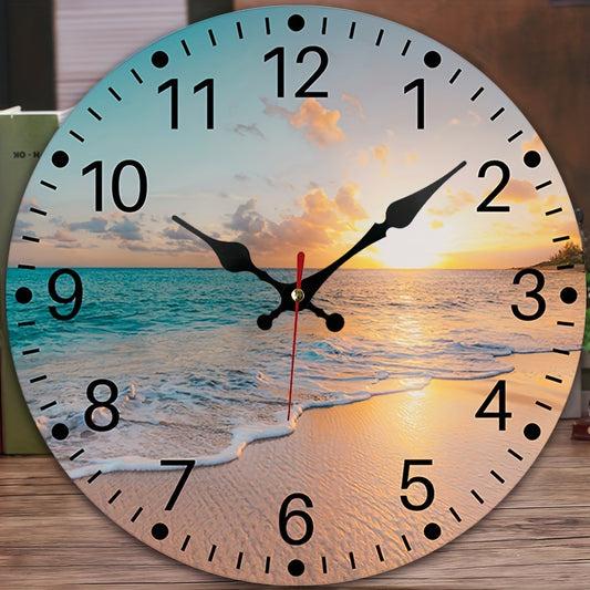[Wooden Wall Clock] Wooden Wall Clock | Beach Sunrise Design, Silent, for Living Room Bedroom, Room Decor, Office, Christmas New Year Valentine