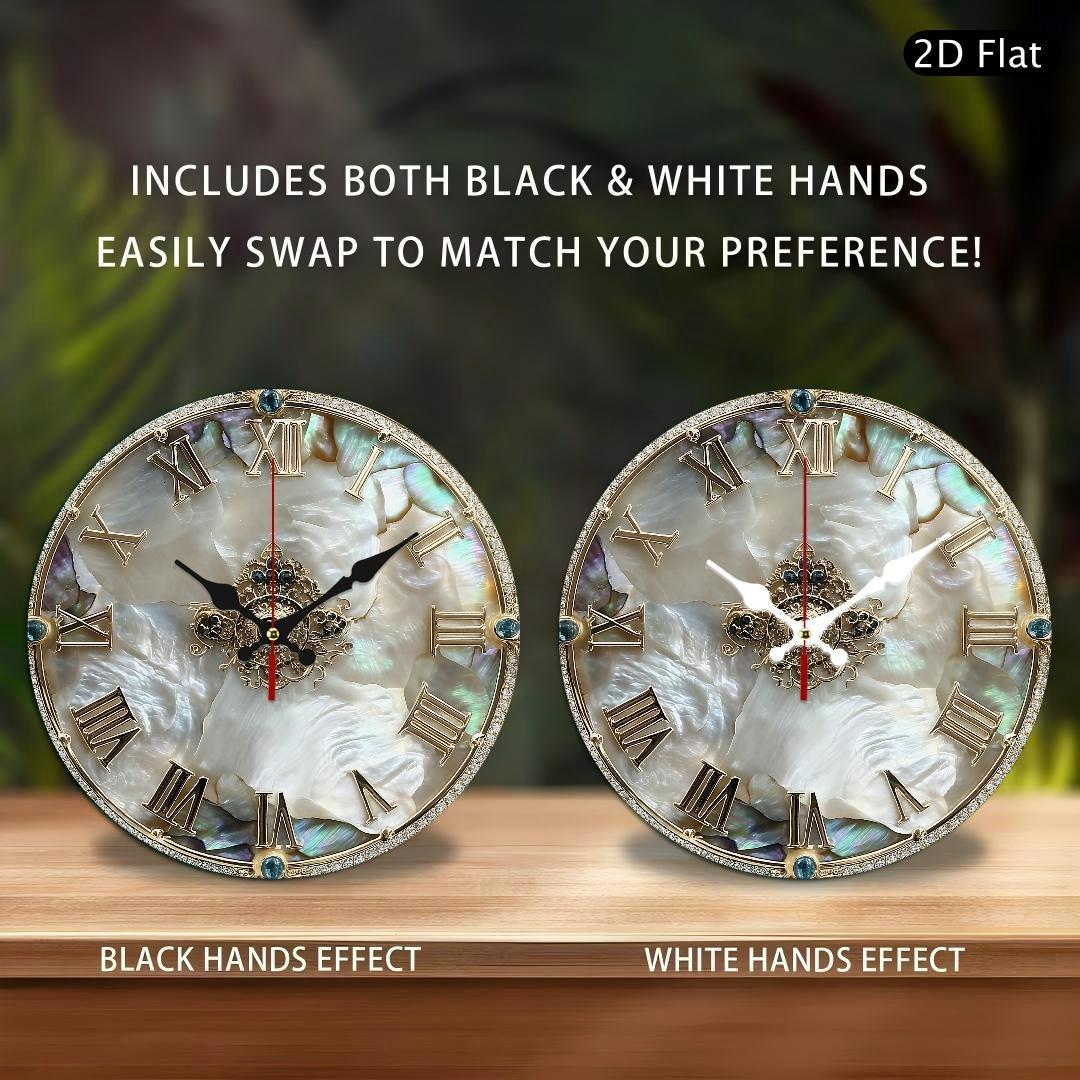 1 luxurious and elegant retro Roman numeral wall clock - 10-inch large round wooden frame, white mother-of-pearl surface, golden hands and black second hand - home and office decorative clock, suitable for living room, bedroo