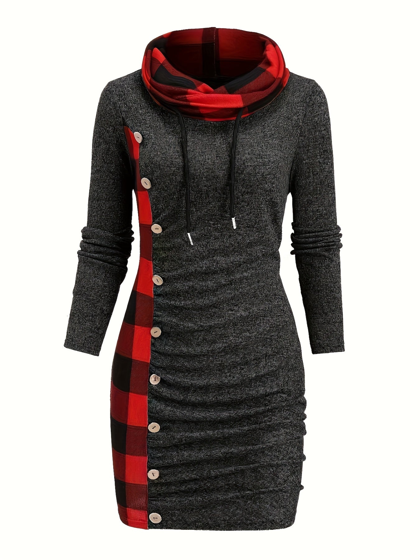 -Designed Plaid Patchwork Gathered Long Sleeve Dress