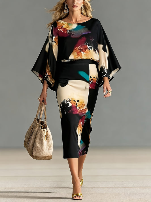 [Women's Casual Set] A New Set Of Women's Spring And Autumn Crewneck Lantern-sleeve Long-sleeve Top + High-waist Skirt Set, Casual Set, Geometric Graffiti Printed Set