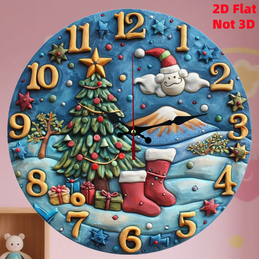 1 Piece Round Wooden Wall Clock, Silent Quartz Movement - Christmas Winter Snowman, Tree and Socks Design - Battery Operated (AA Batteries Not Included), Suitable for Living Room, Bedroom, 2D Flat Surface