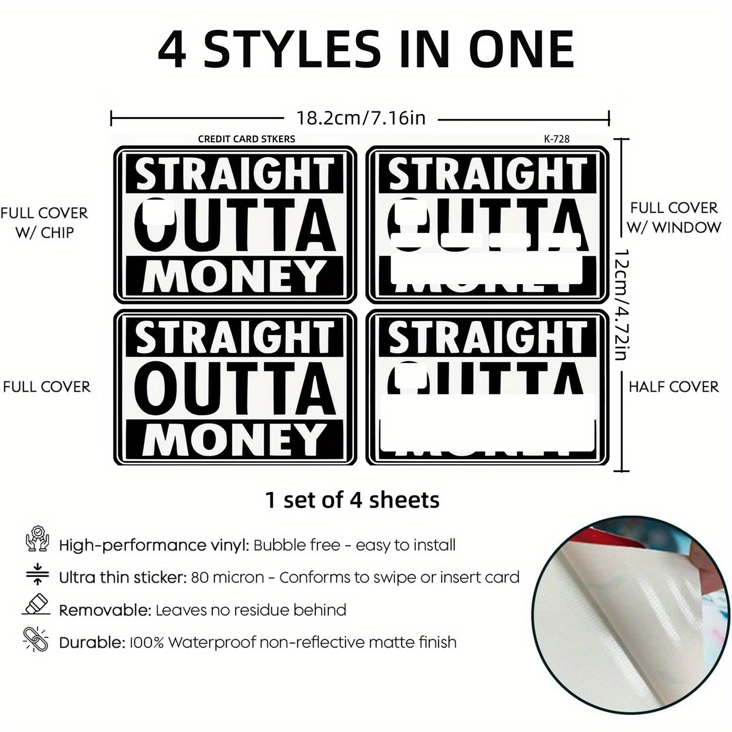 1 set of 4 thickened frosted credit card stickers suitable for credit cards, bank cards, debit cards and bus cards. Removable self-adhesive decorative card stickers are scratch-proof, stain-resistant and good quality