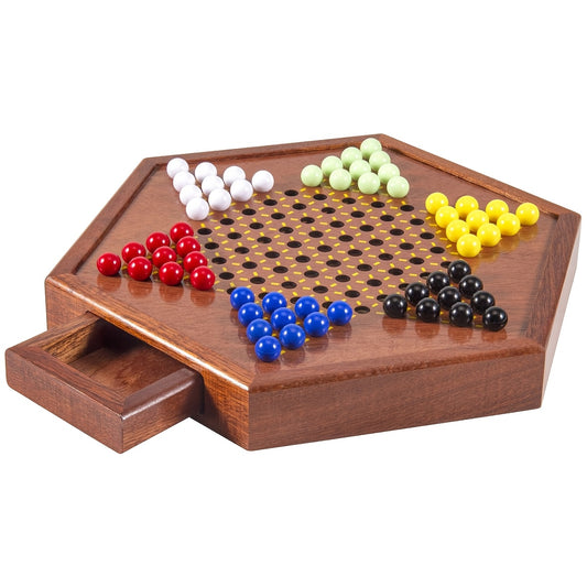 1 Set Deluxe Wooden Chinese Checkers Game - 12.5" Hexagonal Board with Storage Drawer, 60 Acrylic Marbles & 12 Spare - Classic Family Strategy Game for Home Gatherings - Perfect Gift for Family & Friends