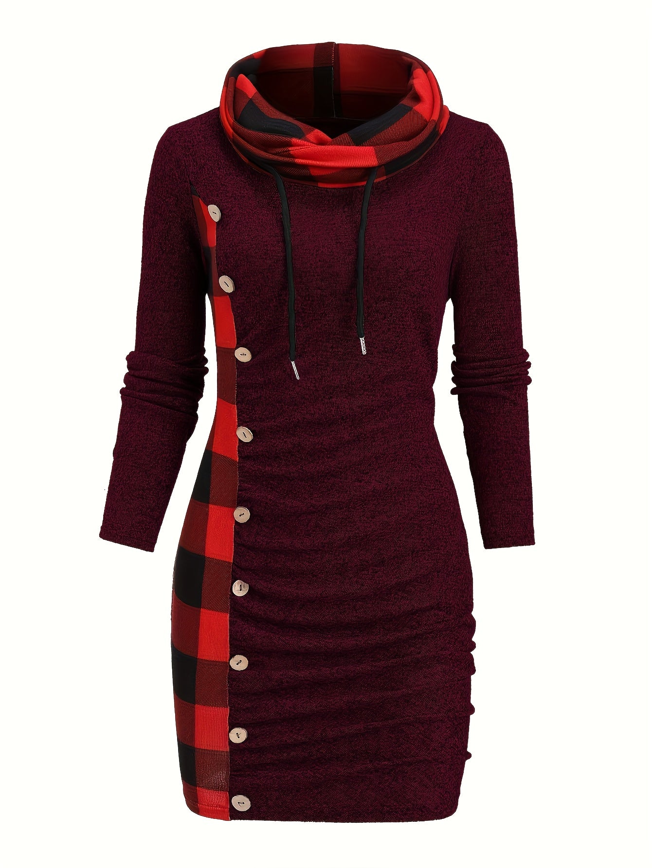 -Designed Plaid Patchwork Gathered Long Sleeve Dress