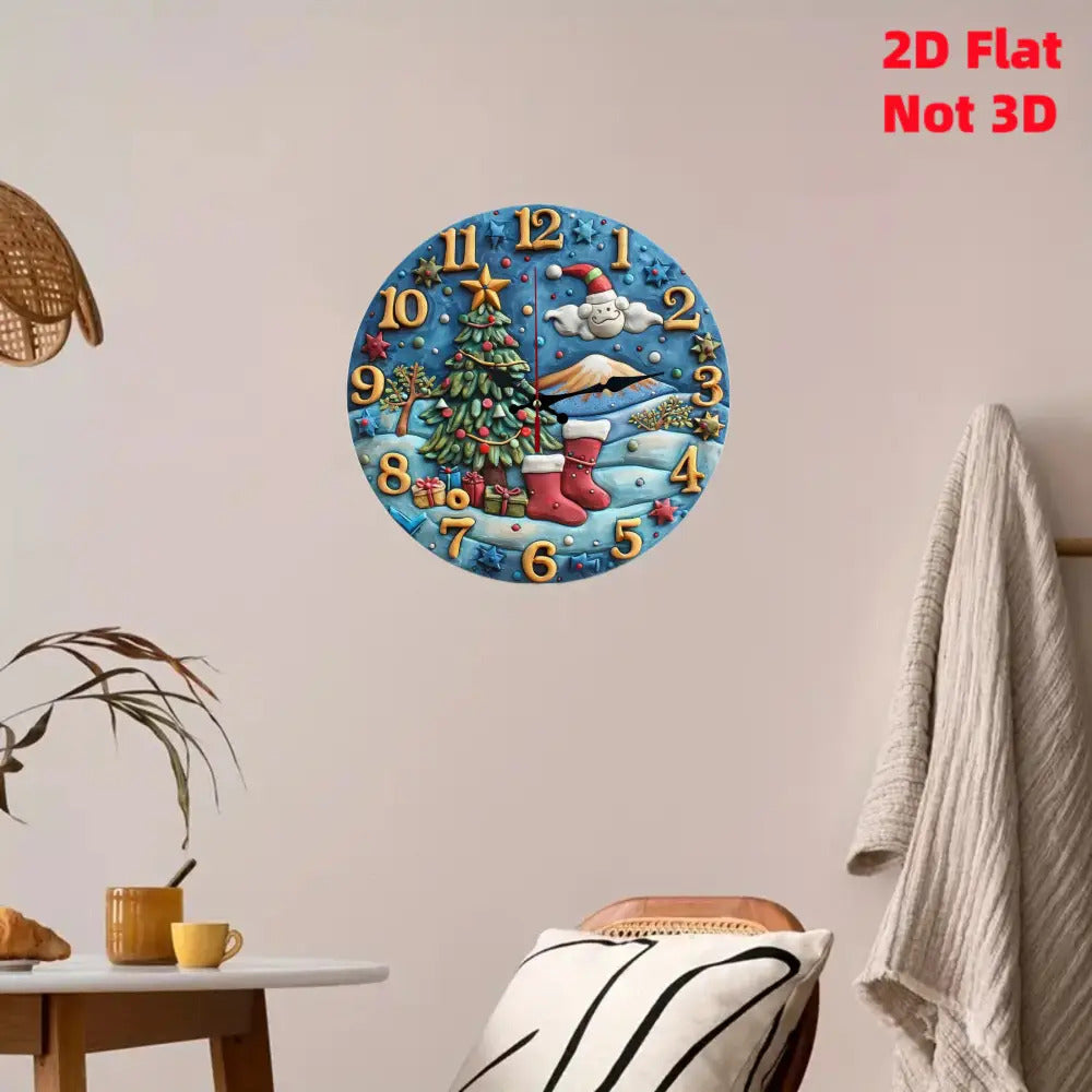 1 Piece Round Wooden Wall Clock, Silent Quartz Movement - Christmas Winter Snowman, Tree and Socks Design - Battery Operated (AA Batteries Not Included), Suitable for Living Room, Bedroom, 2D Flat Surface