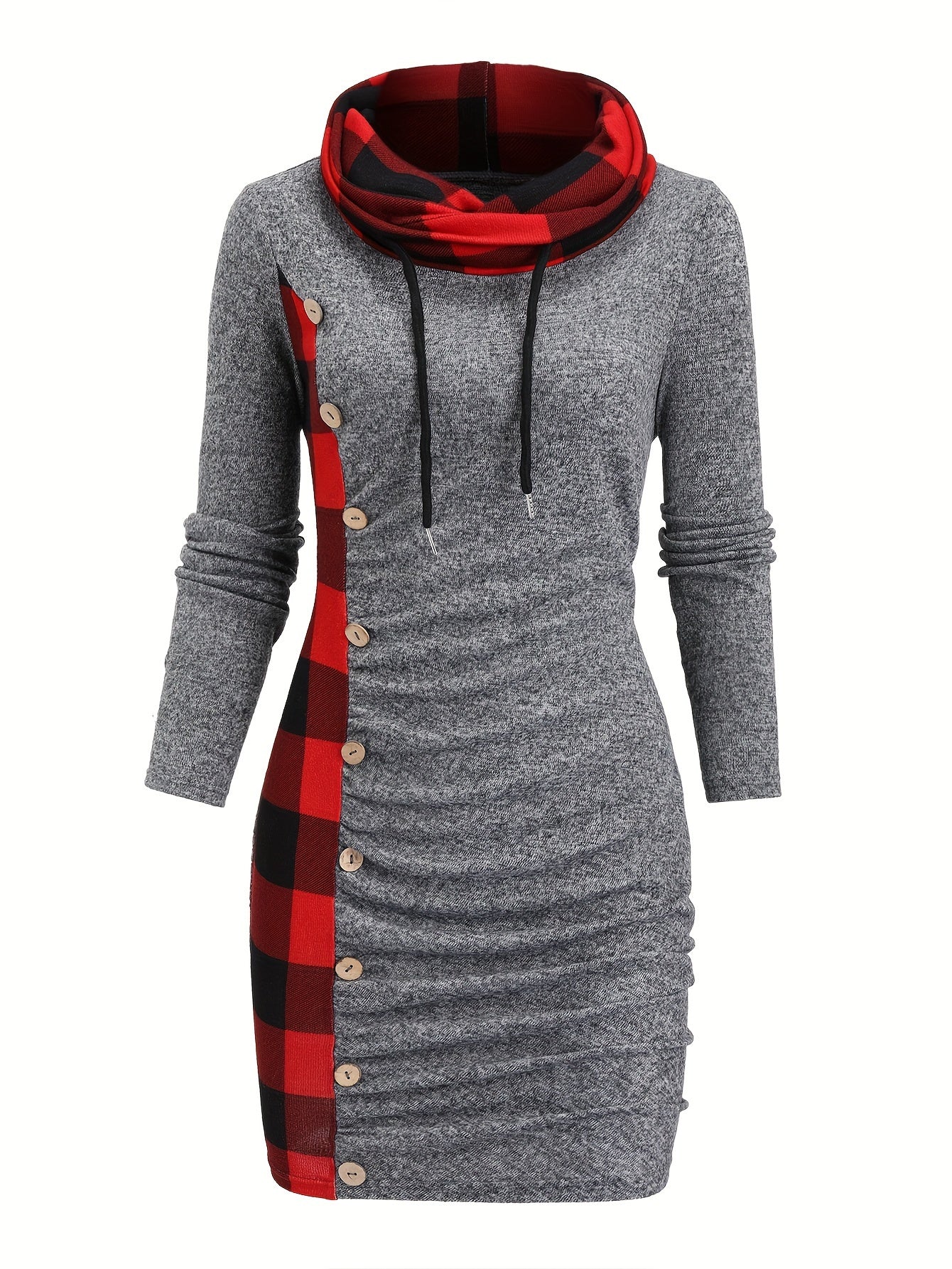 -Designed Plaid Patchwork Gathered Long Sleeve Dress