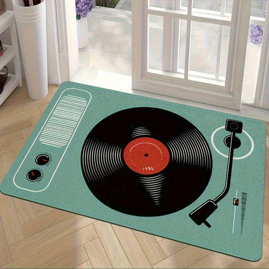 1 Green Music Element Tape Design Floor Mat - Vintage Turntable & Vinyl Record Player Graphic, Non-Slip Rubber Backing, Hand Wash Only, Lightweight Square Mat for Entryway, Bathroom, Living Room, Home Decor, Music Rugs for St