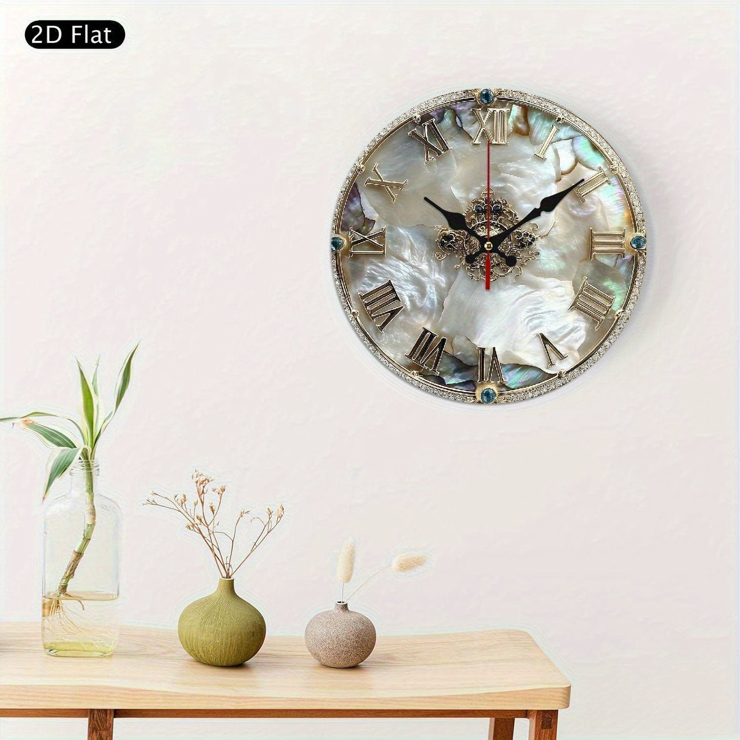 1 luxurious and elegant retro Roman numeral wall clock - 10-inch large round wooden frame, white mother-of-pearl surface, golden hands and black second hand - home and office decorative clock, suitable for living room, bedroo