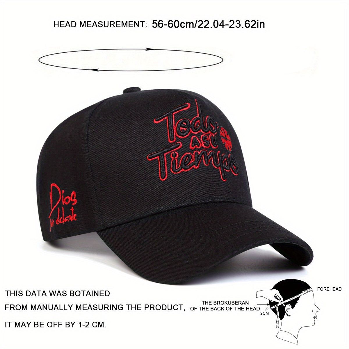 1-Pack TODO A SU TIEMPO Men's Baseball Cap - Lightweight Adjustable Hat with Red "Do It While You Can" Lettering, Black/for Everyday, Travel, Sports - Polyester Casual Outdoor Cap, Leisure Headwear, Stylish Contrast Embroider