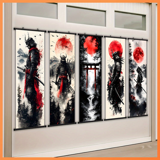 -5pcs Creative Canvas Hanging Scroll Art Set, Samurai Canvas Art, Splash Ink Samurai Landscape Print Canvas Wall Art Set for Bedroom, Office, Dormitory Decoration with Plastic Frame Hooks,  Office Decor, Classic Prints, Frame