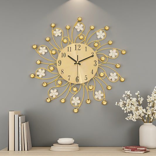 1 Round Metal Wall Clock - Golden & White Roman Numeral, Large Black Hands, Beige Face with Black Frame - Silent Non-Ticking Modern Minimalist Iron Clock for Living Room, Bedroom, Kitchen, Office - Easy Install (No /Power Req
