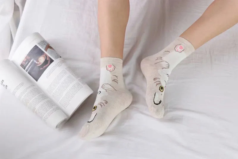 1 Pair Of Cute Animals Funny Socks Kawaii Cats And Dogs Somalia Art White Socks Women Novel Harajuku Funny Animal Cotton Socks