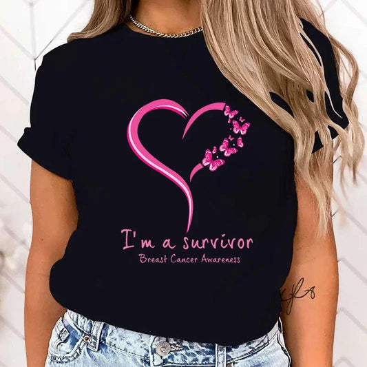 (High Quality Clothes)Breast Cancer Awareness I'M A Survivor Printed T-Shirts Women Short Sleeve Funny Round Neck Tee Shirt