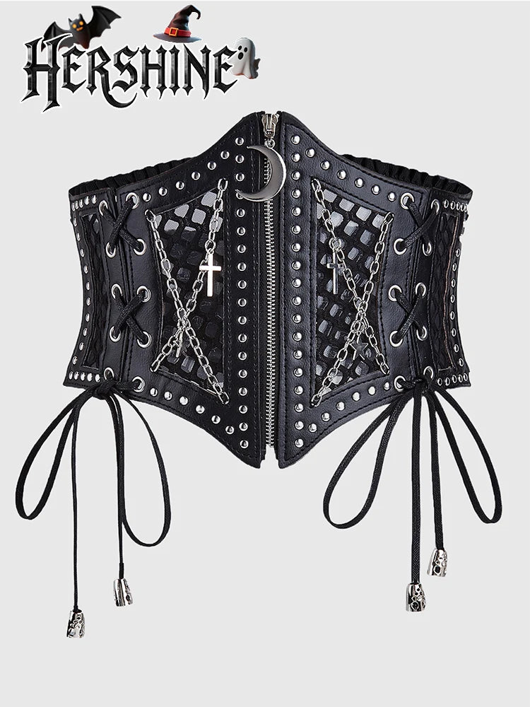 1-piece set of women's black hollow mesh cross chain cross metal accessories decorated with dark punk style waist waistband