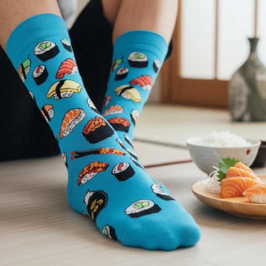 1 Pair Crew Socks With Japanese Cuisine Sushi Food Print In Blue, Comfortable Breathable Moisture-Wicking, Interesting Novelty