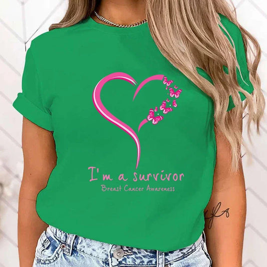 (High Quality Clothes)Breast Cancer Awareness I'M A Survivor Printed T-Shirts Women Short Sleeve Funny Round Neck Tee Shirt