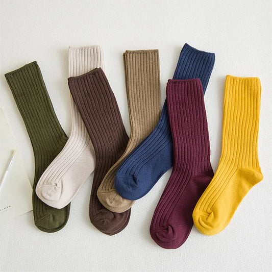 1 Pair Retro Women Cotton Loose Socks Autumn Winter Knitting Solid Color Long Black Korean Japanese Student Girls Stockings