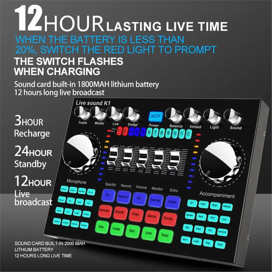 * K1 Live Sound Card Voice Changer Karaoke  Audio Mixer for Broadcast Recording KTV Music Audio Multifunctional Live Sound Card