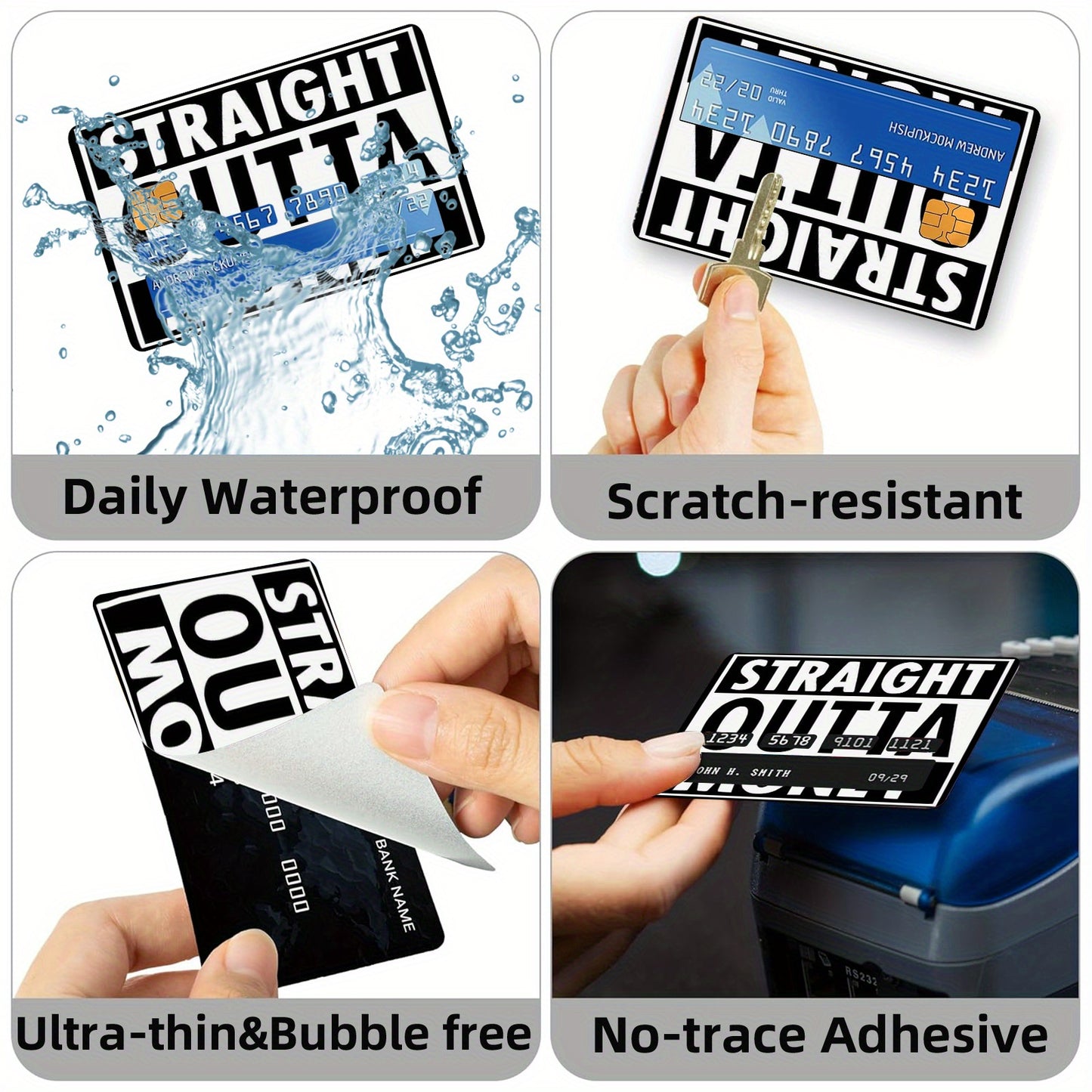 1 set of 4 thickened frosted credit card stickers suitable for credit cards, bank cards, debit cards and bus cards. Removable self-adhesive decorative card stickers are scratch-proof, stain-resistant and good quality