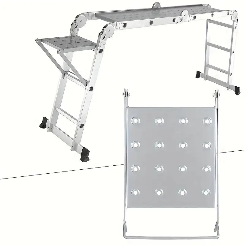 1 Heavy-Duty 400-Pound Load-Bearing Platform with Extendable Work Station System and Tool Tray, Silvery, Suitable for Large Ladders, Non-Slip Design