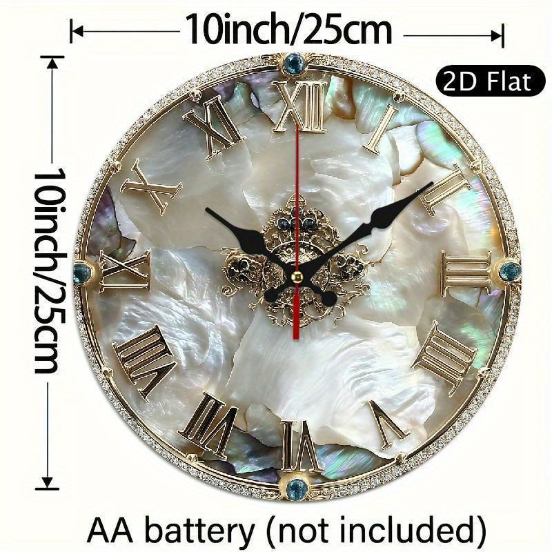 1 luxurious and elegant retro Roman numeral wall clock - 10-inch large round wooden frame, white mother-of-pearl surface, golden hands and black second hand - home and office decorative clock, suitable for living room, bedroo