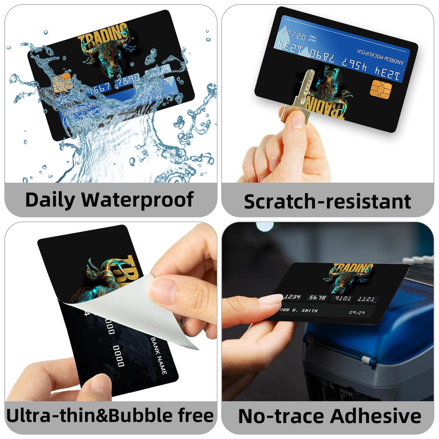 1 set of 4 thickened frosted credit card decorative stickers. Suitable for credit cards, bank cards, bus cards, removable self-adhesive decorative card stickers