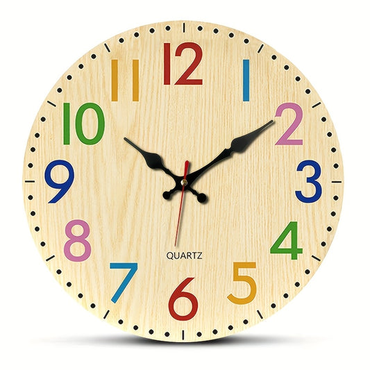 1 Wooden Round Wall Clock, Brown with Colorful Numerals Theme Design, Silent Non-Ticking Movement, Perfect for Home Holiday Decor and Gift-Giving, Stylish Wall Clock, Clocks for Living Room, Wall Clock Acrylic, Oversized Wall