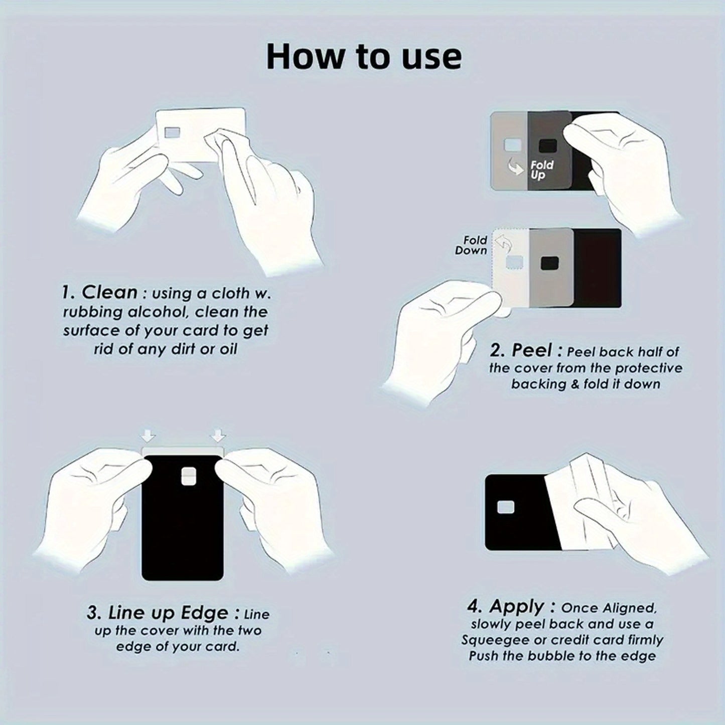 1 set of 4 thickened frosted credit card stickers suitable for credit cards, bank cards, debit cards and bus cards. Removable self-adhesive decorative card stickers are scratch-proof, stain-resistant and good quality